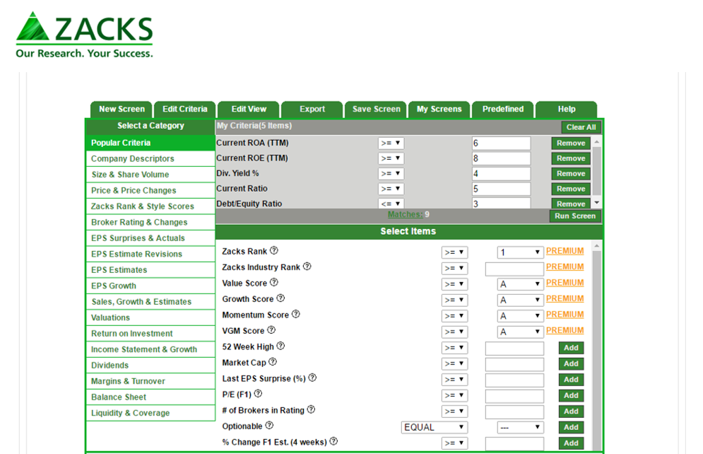 Zacks Stock Screener Screen Shot
